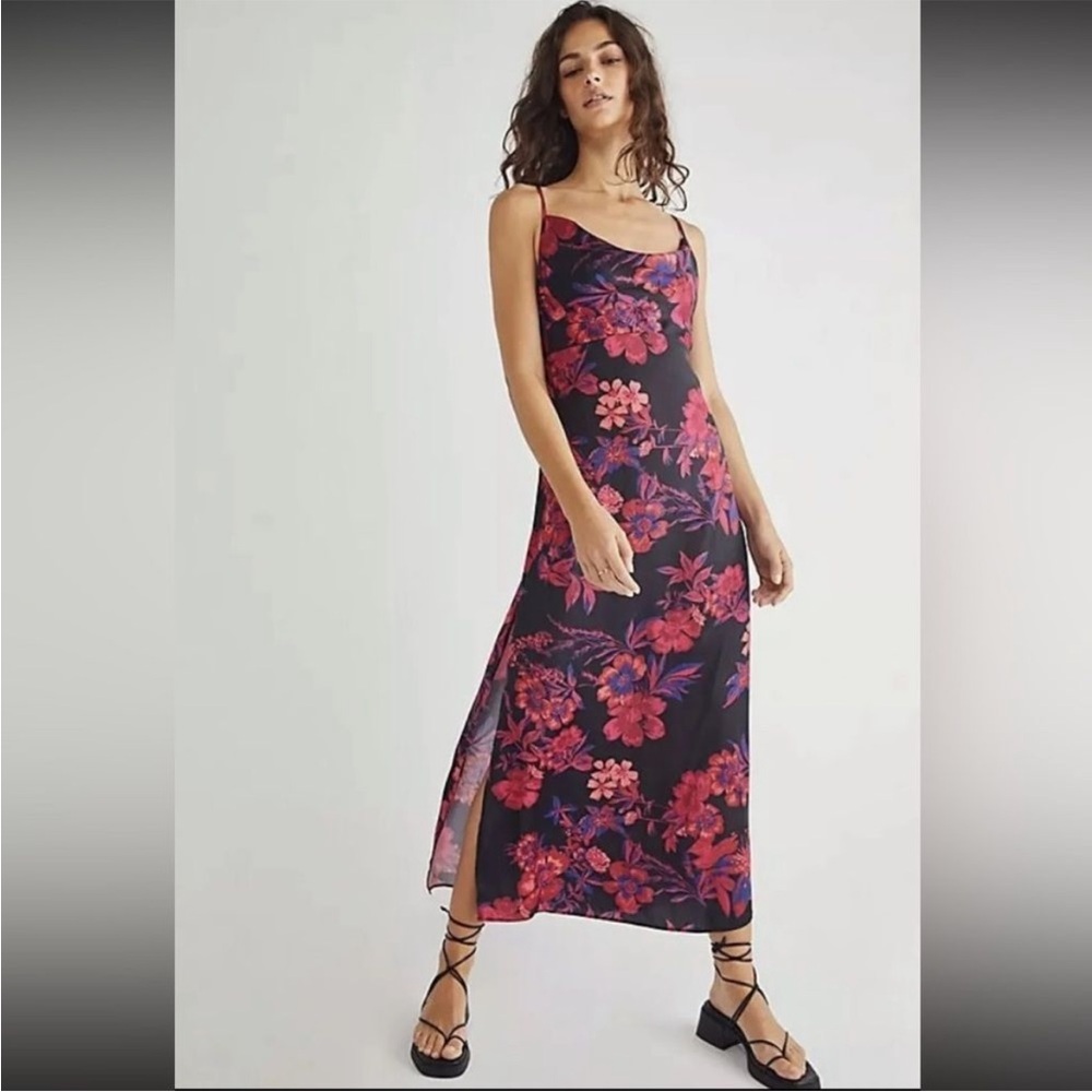 Free People Ella Cowl Neck Midi Black Red Floral Slip Dress